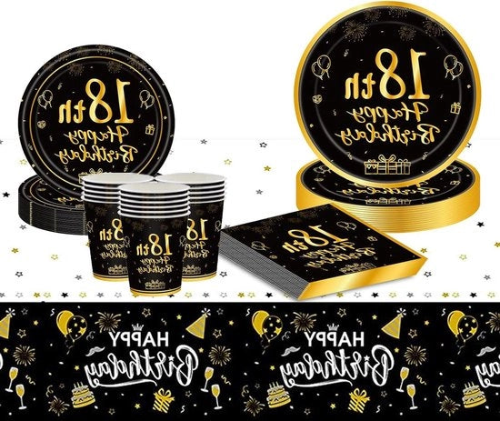 Decorazioni per il diciottesimo compleanno in carta con oro nero, set di piatti, tovaglioli e tovaglia da tavola, servizio da festa da un tempo unico