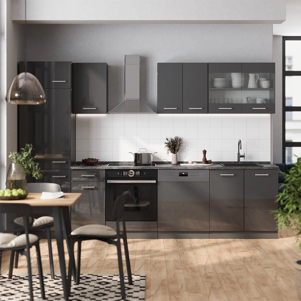 Cucina componibile R-Line Antracite lucido/Antracite 300 cm senza piano di lavoro Vicco