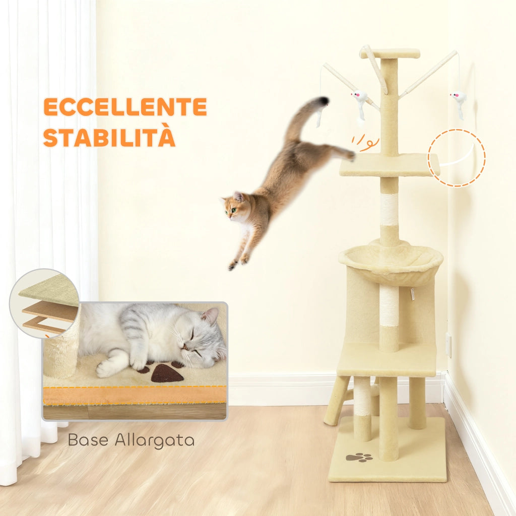Albero Tiragraffi per Gatti 60x35x134 cm con Casetta Trespolo Piattaforme e 4 Topolini Appesi in Truciolato e Sisal