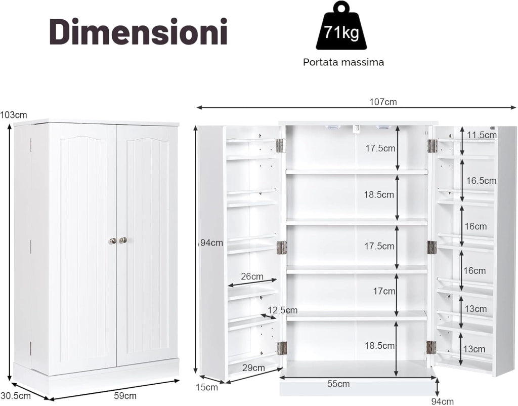 Armadietto Portaoggetti da Cucina, Credenza Aoggiorno a Doppia Porta con Ripiano Regolabile, Mobiletto Multioso con Dispositivo Antiribaltamento per Sala da Pranzo, 59x30,5x103cm (Bianco)