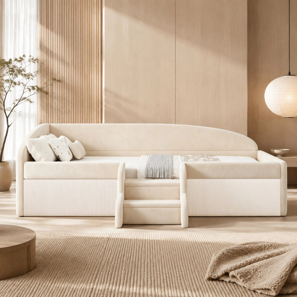 Letto imbottito per bambini 90x190 cm con gradini e sponde in velluto beige