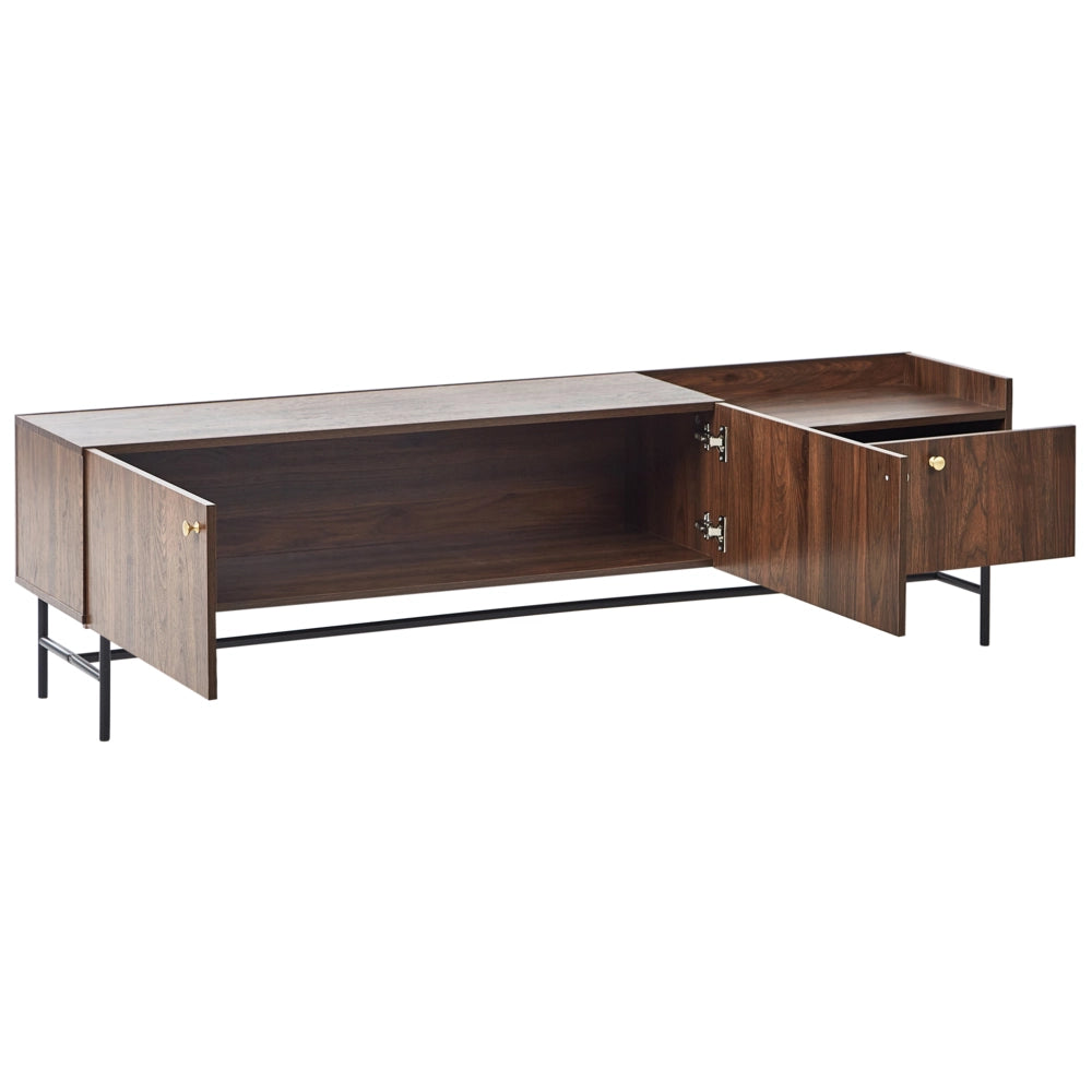 Porta TV Legno scuro Truciolato Gambe in metallo Mobile TV Credenza con 2 ante e cassetto Stile tradizionale retrò