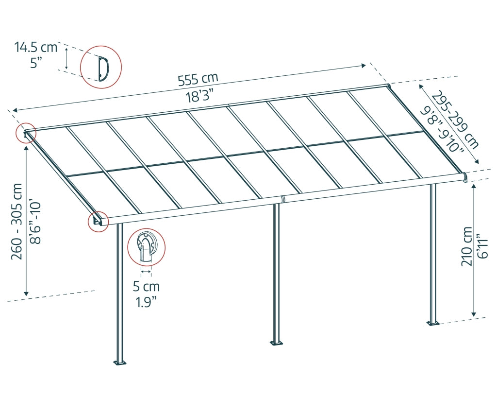 Canopia Sierra Cabrio Pergola Addossata in Alluminio 3X5.6 m Struttura grigia / Pannelli grigio opaco