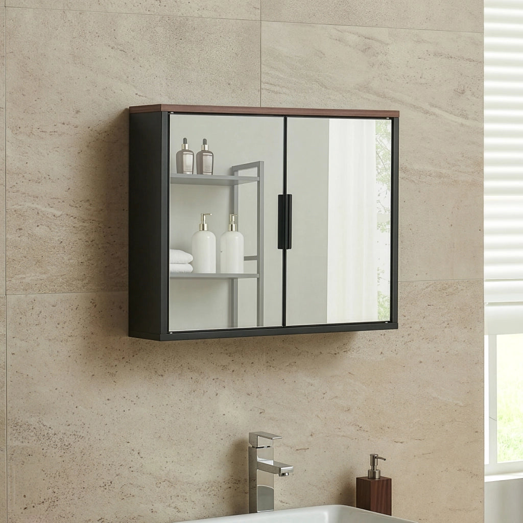 Mobiletto da Parete Trond con 2 Ante a Specchio Armadietto Pensile da Bagno 50 x 60 x 15 cm - Nero/Effetto Noce [en.casa]