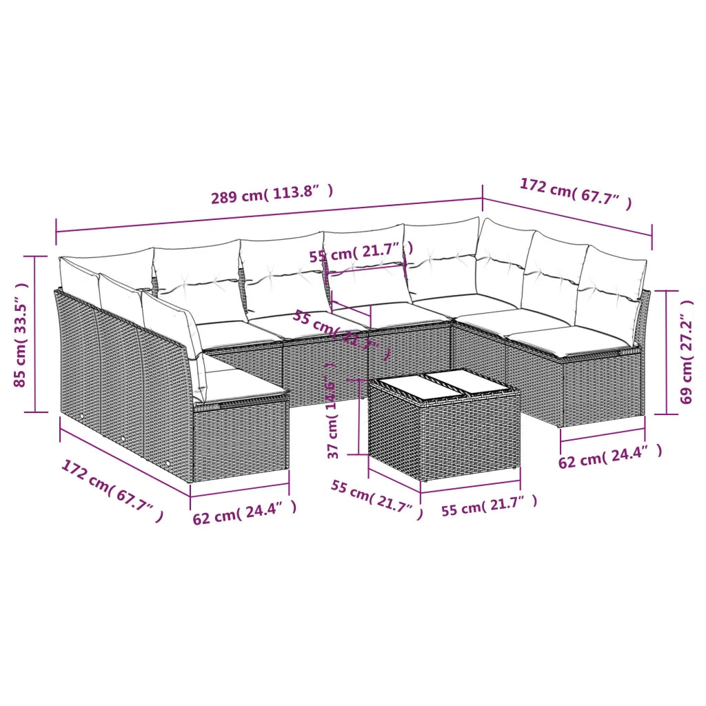 Set Divano da Giardino 10 pz con Cuscini Beige in Polyrattan 3249917