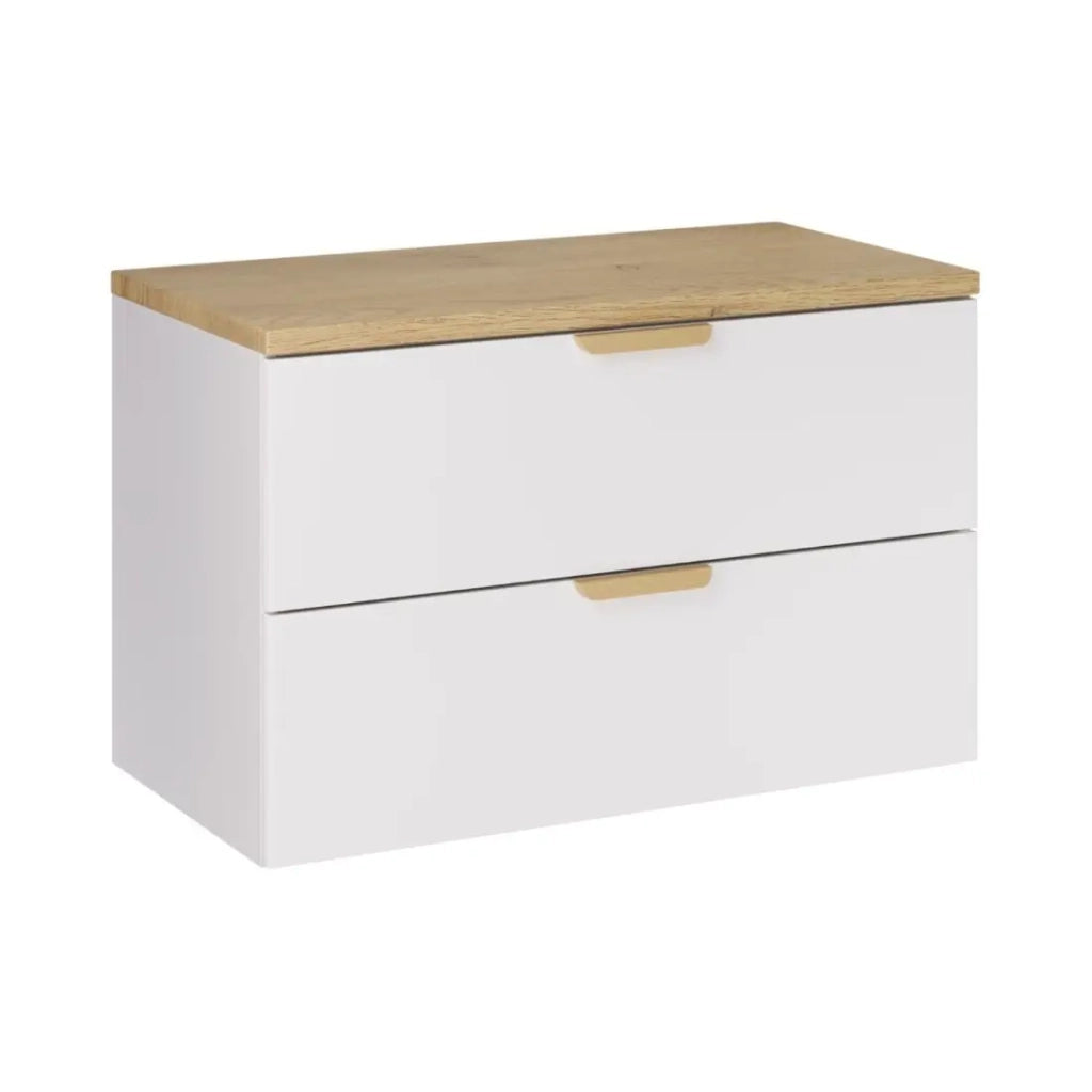 Set da bagno sospeso OSTER 80cm: mobile sotto lavabo con cassetti bianchi + piano per lavabo effetto rovere chiaro