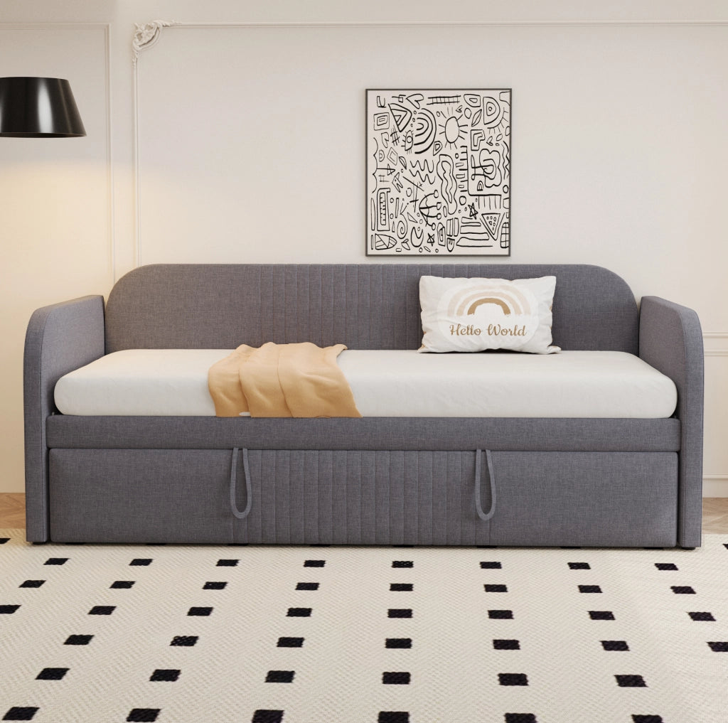 Divano letto imbottito estendibile 90/180x190 cm in tessuto effetto lino grigio