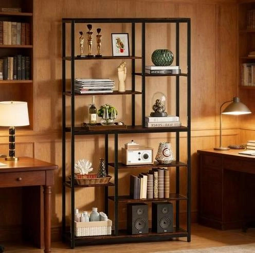 Libreria 100x30x200 cm nera e marrone rustico, metallo con ripiani aperti