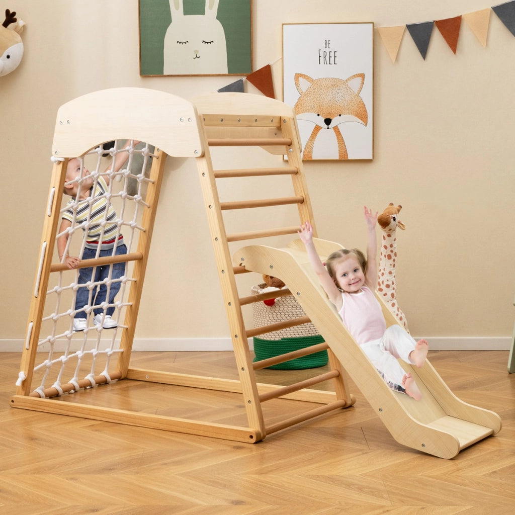 Set gioco da arrampicata in legno con ancoraggi al pavimento, Parco giochi con rampicata a doppia faccia Naturale-Arrampicate e scivoli