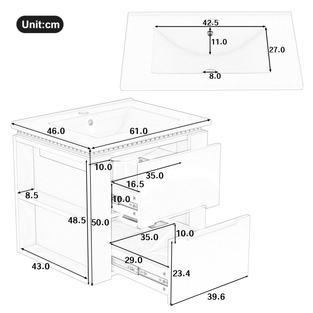 Mobile sottolavabo con 2 cassetti e illuminazione LED a sensore radar; sospeso; lavandino in ceramica integrato; bagno; bianco; 61 Ã— 46 Ã— 48.5 cm