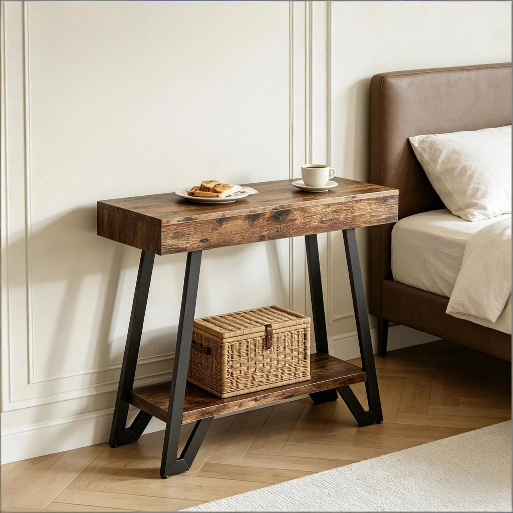 Tavolino basso rettangolare con 2 ripiani, stile vintage industriale, per soggiorno e ingresso, in MDF e metallo, nero