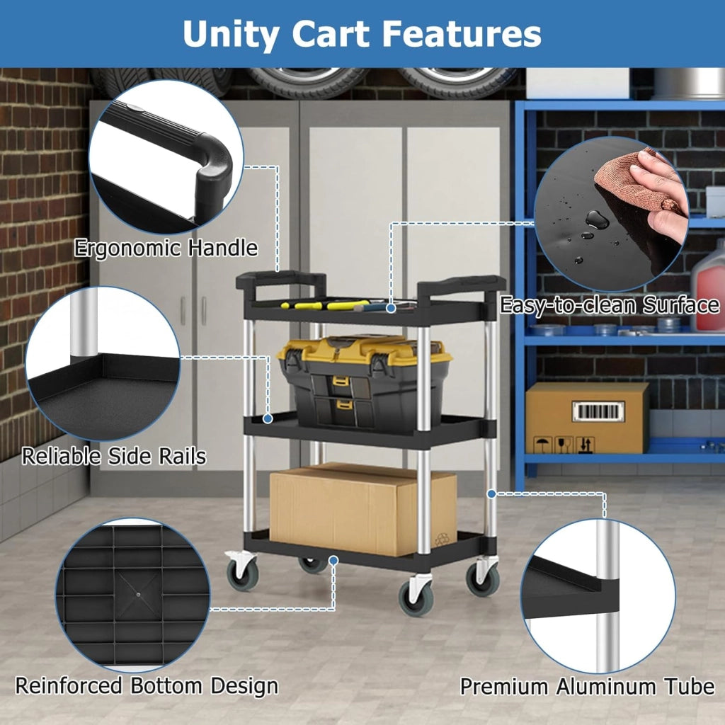 Carrello Rotolante in Metallo a 3 Livelli, Carrello per Strumenti Robusto con Ruote Universali Bloccabili, 2 Maniglie, Capacità 150 KG, Multifunzionale per Garage, Cucina, Magazzino