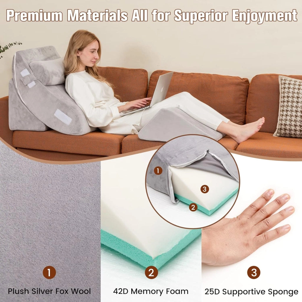 Set di 4 Cuscini a Cuneo per Letto, Cuscini Regolabili in Memory Foam con Fodere Lavabili, Cuscino Multiuso per Dormire da Lettura, Grigio