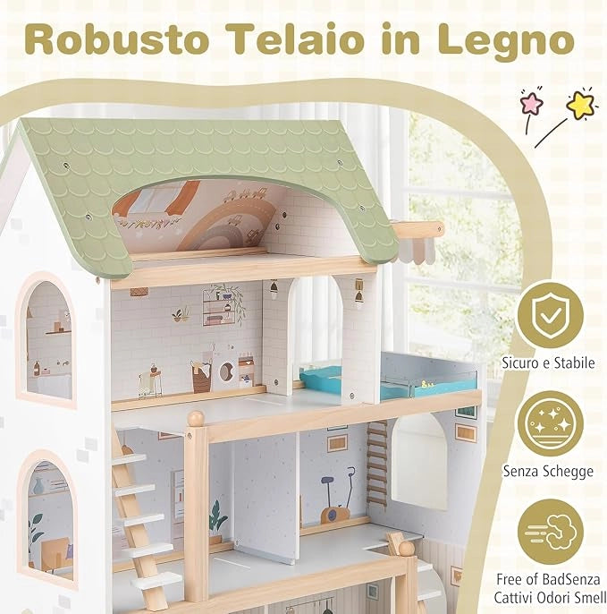 Casa delle Bambole in Legno, Casa Bambole con 4 Piani, 6 Stanze, Terrazza, Piscina e Scale, Casetta Giocattolo Educativo con 33 Mobili Accessori, per Bambini 3+ Anni, 63 x 25 x 78 cm