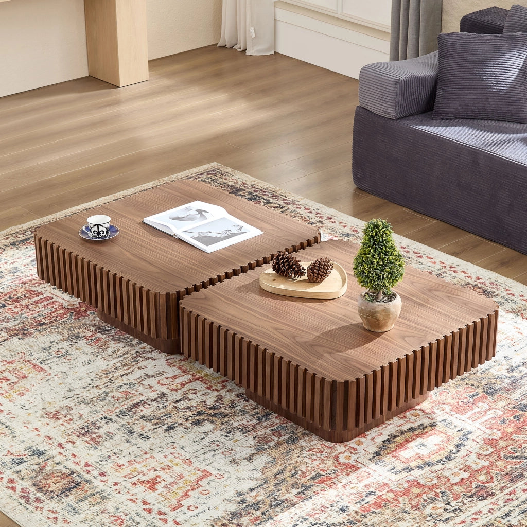 Tavolino basso quadrato in MDF con impiallacciatura noce e cornice in legno massello, per soggiorno, noce, 87 × 87 × 25 cm