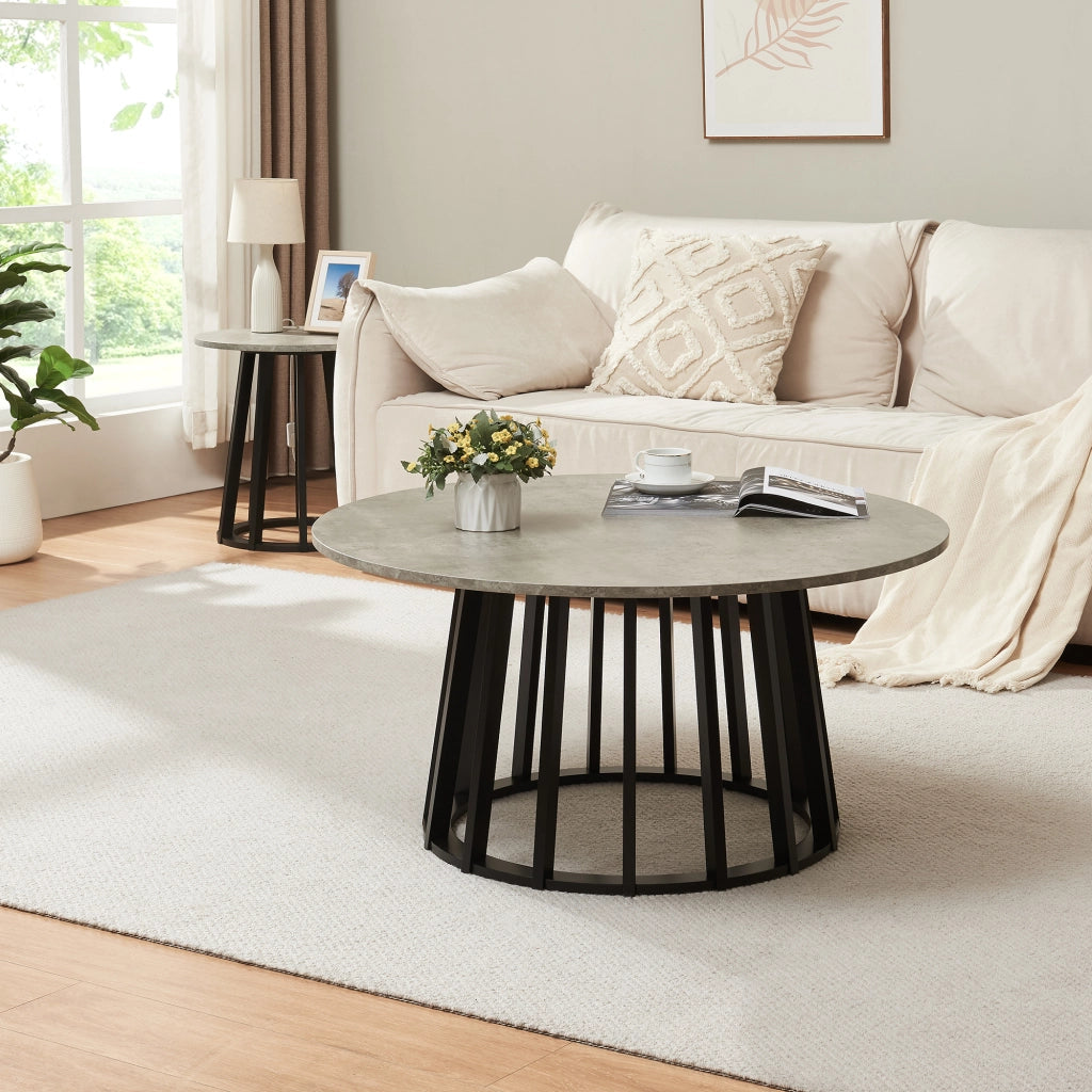 Tavolino Rotondo da Caffè Buzzard Ø90x45 cm - Nero / Effetto Cemento [en.casa]