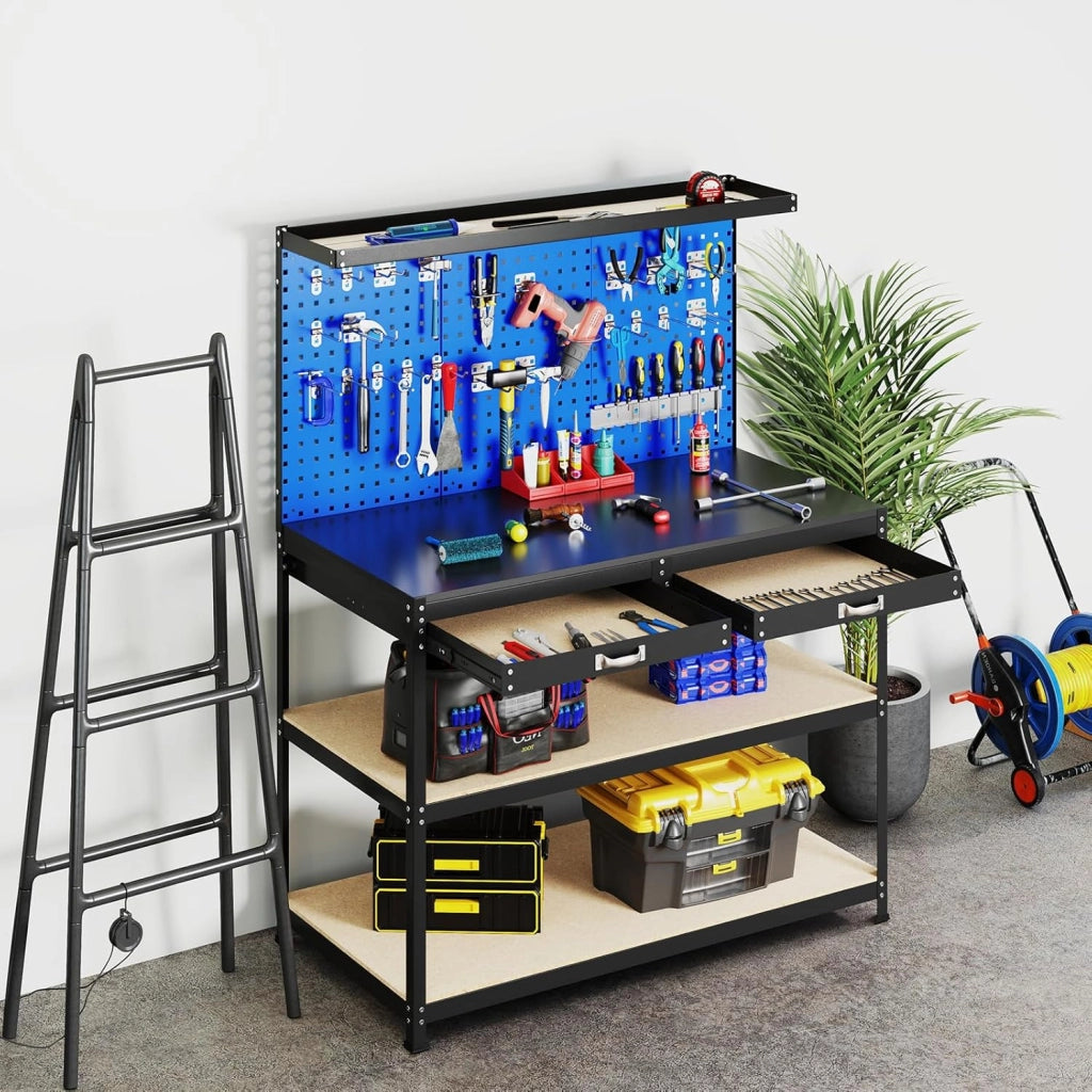 Banco da Lavoro, Organizer per Attrezzi in Metallo con 3 Pannelli Perforati con Kit di 24 Ganci, 2 Cassetti e 2 Ripiani, Banchi da Lavoro per Officina, Garage (Blu, 121 X 61 X 156 CM)