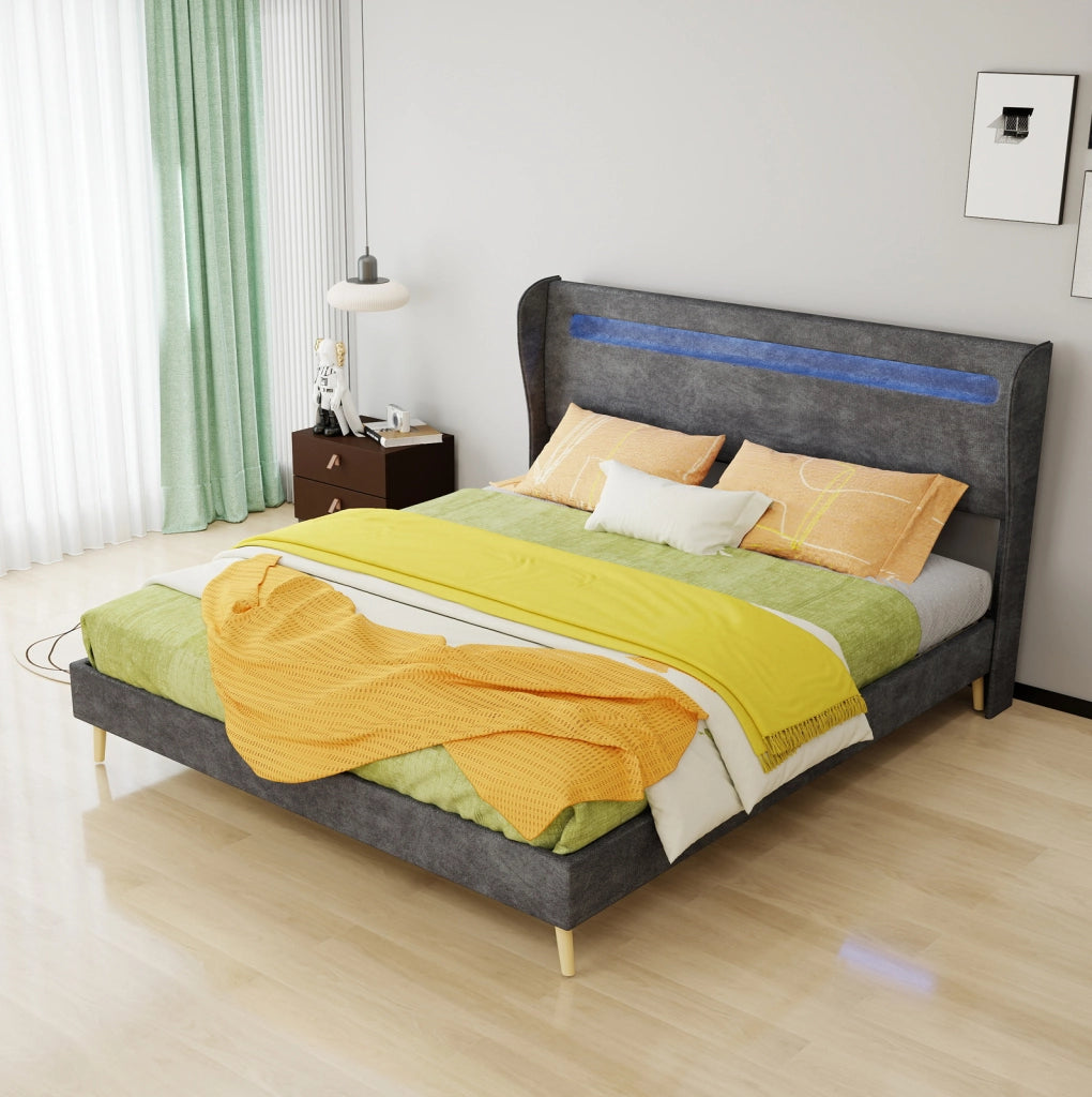 Letto imbottito 160x200 cm con testiera LED regolabile, grigio