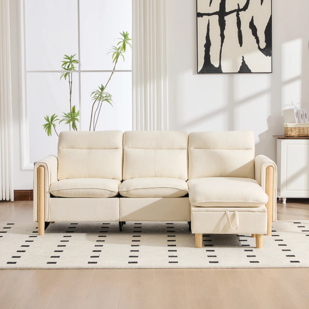 Divano ad angolo reversibile 3 posti con vano contenitore e tasche laterali in ciniglia beige
