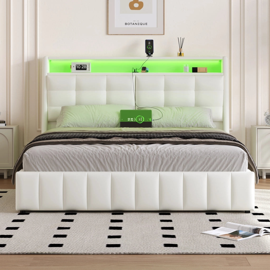 Letto Contenitore 160x200 cm; Letto Matrimoniale - LED; USB e Schienale Regolabile