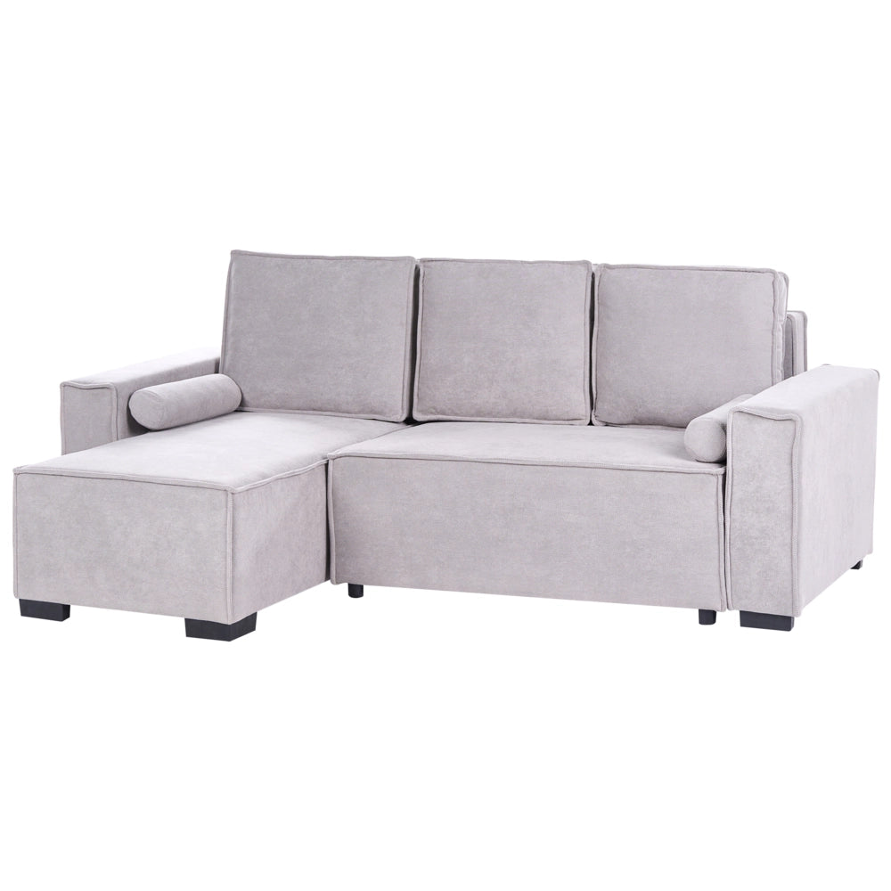 Divano letto angolare a 3 posti con rivestimento in tessuto grigio lato destro con braccioli contenitore reversibile stile moderno soggiorno