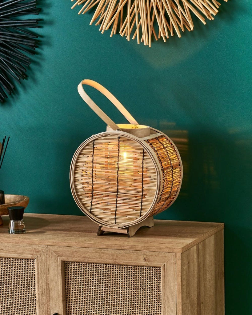 Lanterna porta candela in rattan naturale forma tonda 30 cm in stile boho per interni ed esterni