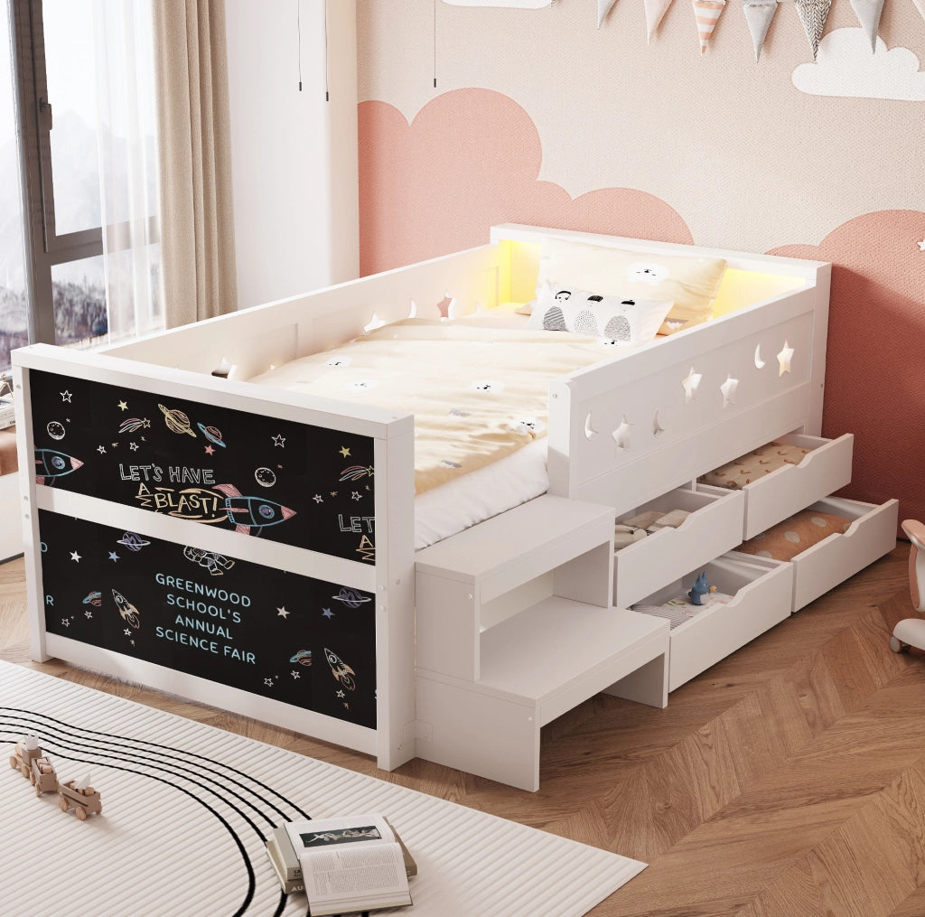 Letto singolo per bambini 90x200 cm con LED, lavagna e cassetti