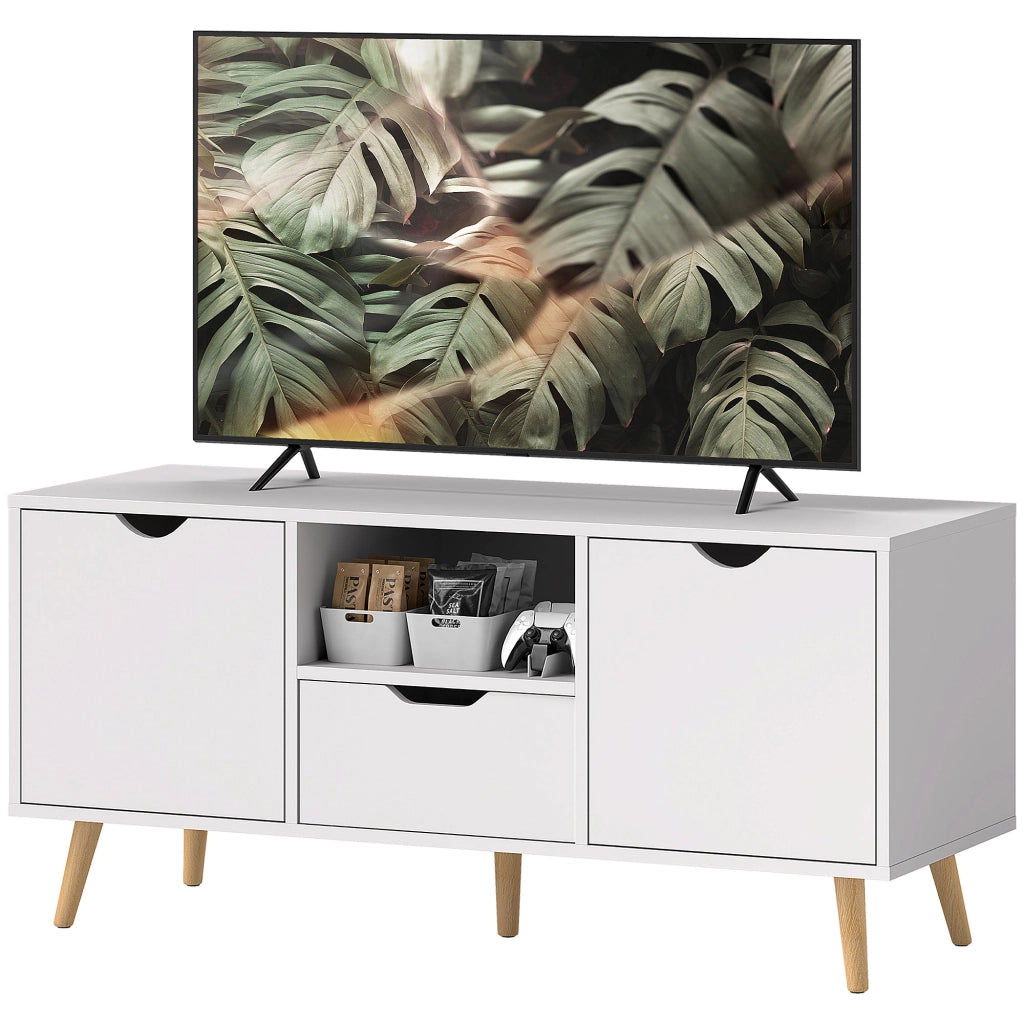 Mobile Porta TV max 50" con Cassetto, Ripiano Aperto e Armadietti, 110x40x50 cm, Bianco e Legno
