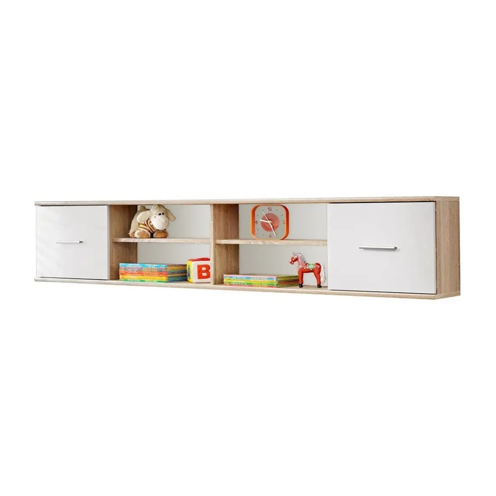 Scaffale sospeso DENVER – Rovere e bianco – 2 porte e 4 nicchie – Arredamento da parete design