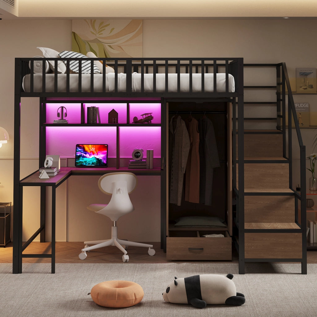 OKWISH Letto a soppalco 140×200 cm, Letto Matrimoniale con Scrivania, Armadio, Mensole, Cassetti, LED Regolabile e USB, senza Materasso, Nero