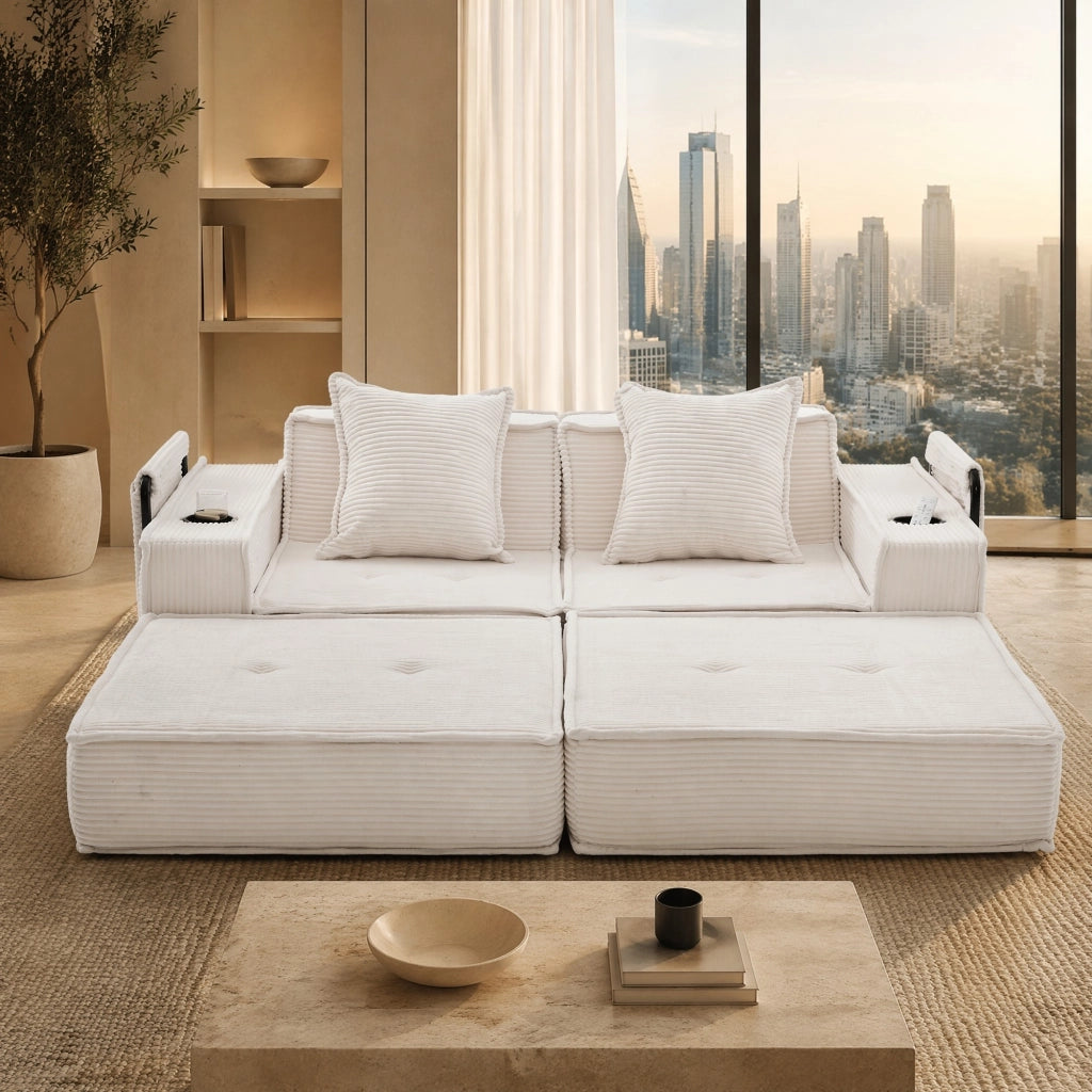 DIVANO pouf modulare 162x78x66 cm velluto a coste beige con 2 cuscini