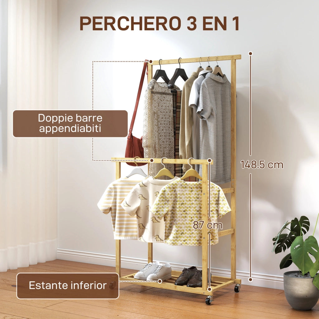 Appendiabiti con ruote e scaffale per scarpe ¨C Minimal ¨C Bamb¨´ naturale 80x40x160 cm