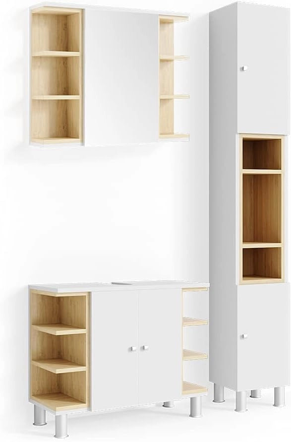 Set mobili bagno Aquis, Bianco, 79.6 cm, composto da mobile sottolavabo, specchiera e colonna alta