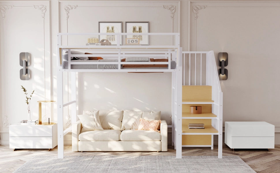 DESMIU Letto a soppalco Letto singolo 90 × 200 cm 1 posto con scala di sicurezza e ripiano removibile, senza materasso