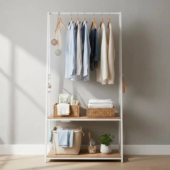 Rack per abiti con 2 pannelli e ganci a S per asciugatura - naturale