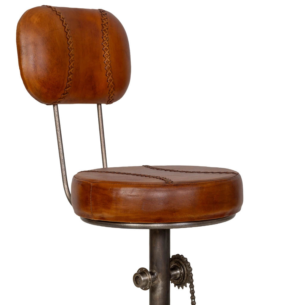 Sgabello in metallo con seduta in pelle marrone 42x42x118h cm