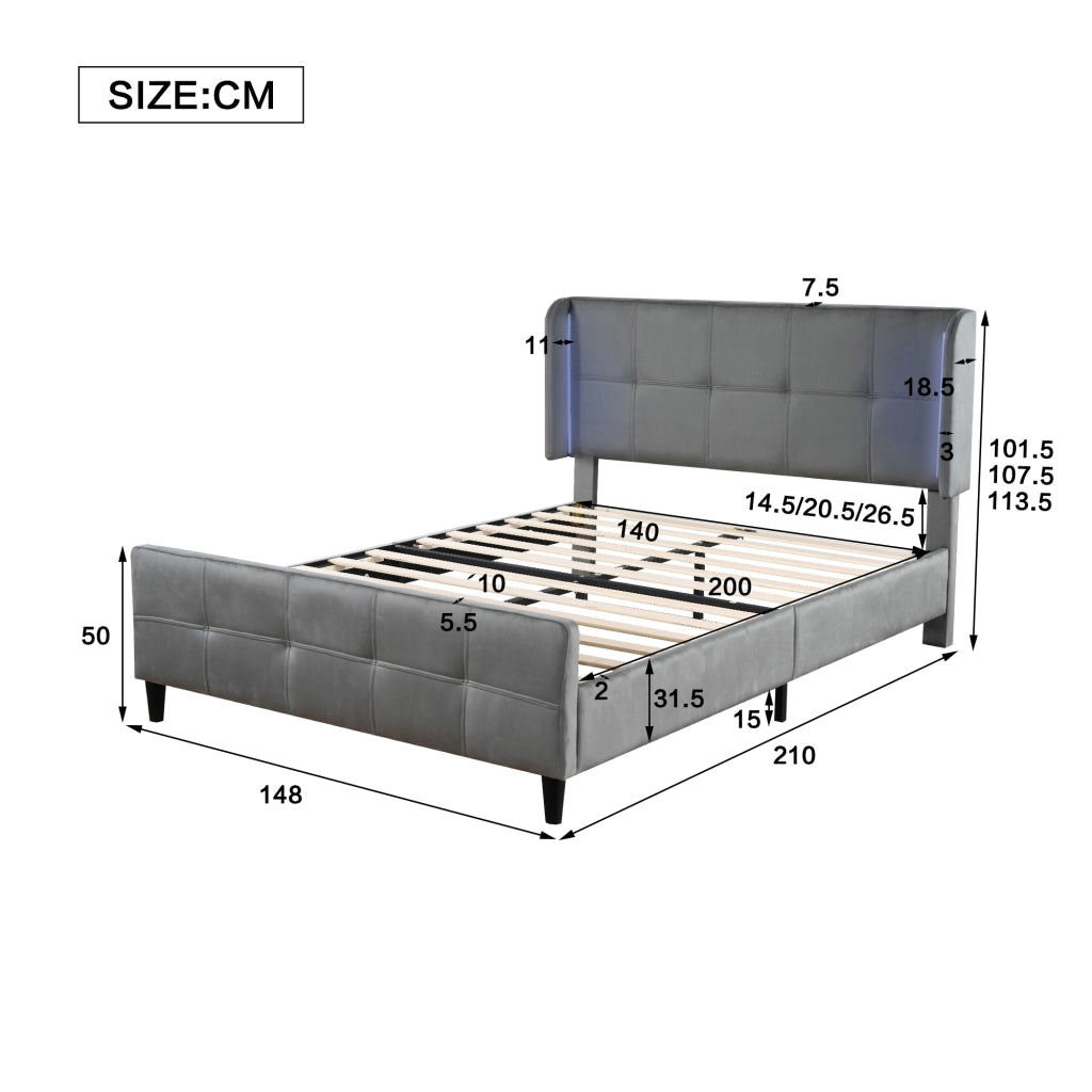 Letto Matrimoniale 140 x 200 cm - LED Regolabile e Testiera Regolabile - in Velluto - Grigio