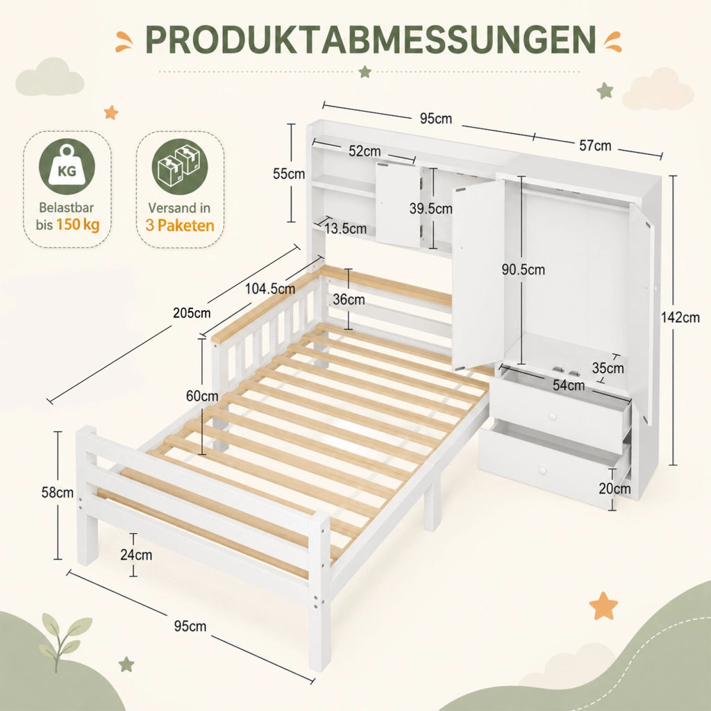 Letto per bambini 90 x 200 cm con armadio integrato e cassetti; legno e MDF bianco