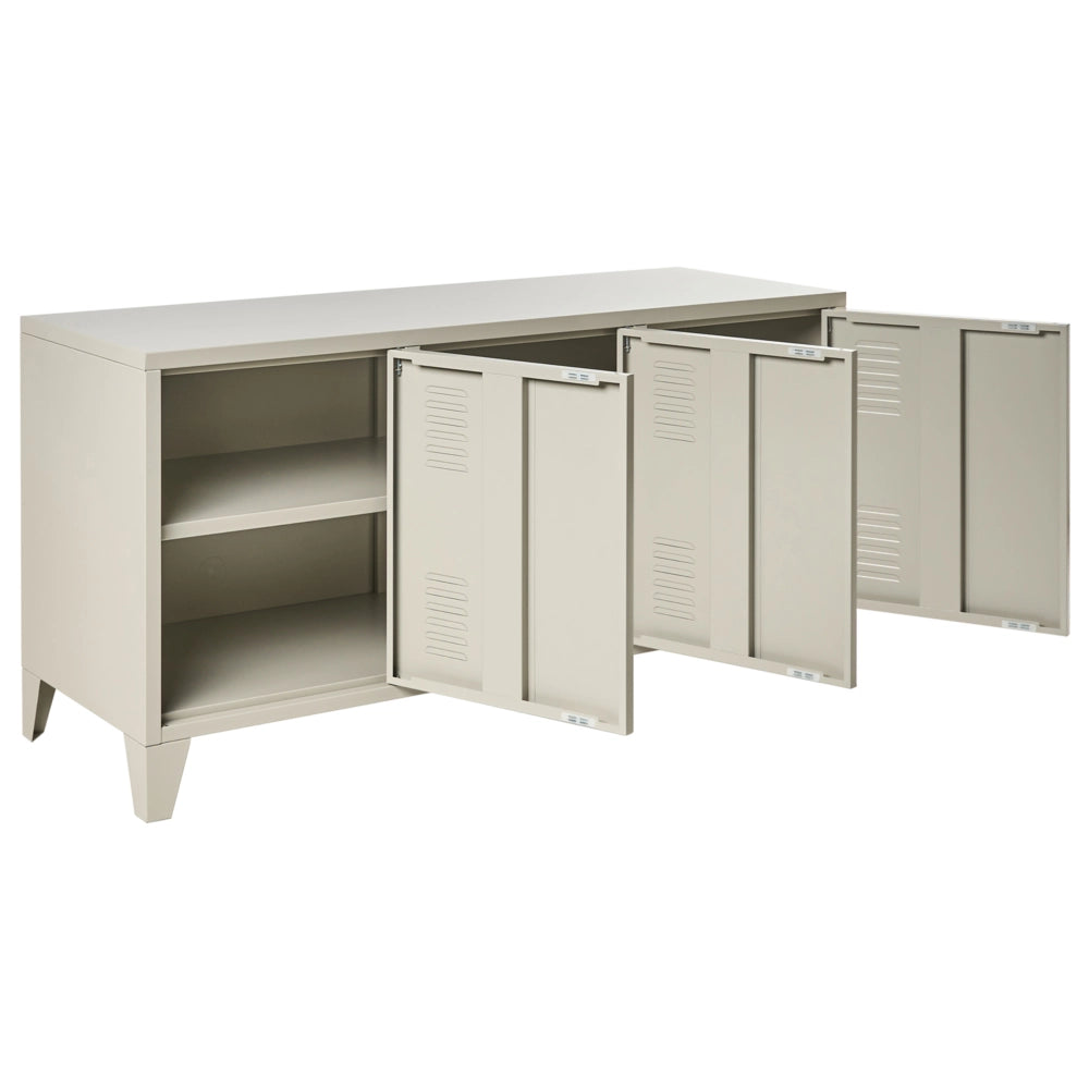 Credenza in metallo beige 120 x 40 cm 3 ante ripiani gambe fessure di ventilazione gestione dei cavi mobile TV industriale home office