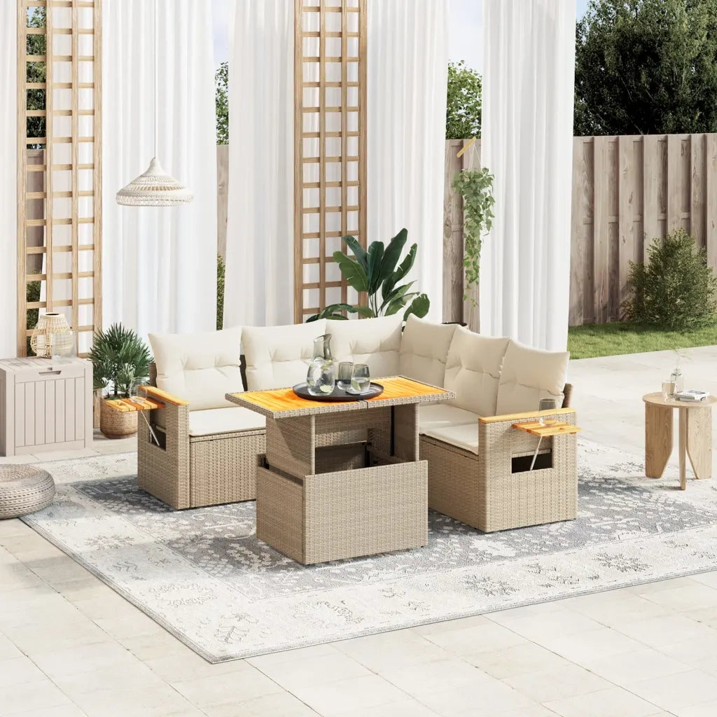 Set Divano da Giardino 6 pz con Cuscini Beige in Polyrattan