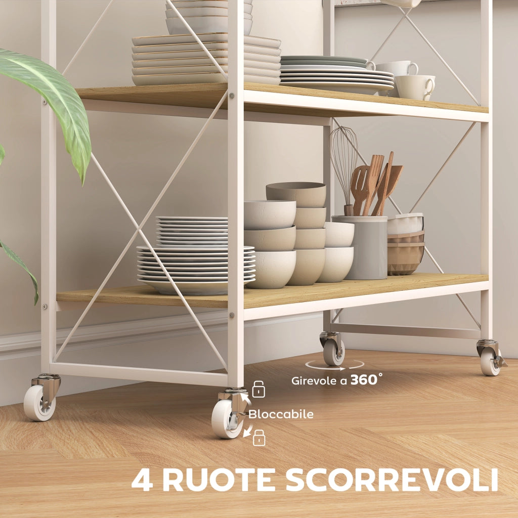 Carrello Portavivande 4 Ripiani ¨C Xylo ¨C Legno e Metallo con Portabottiglie e 5 Ganci, 96.5x38x96.7 cm