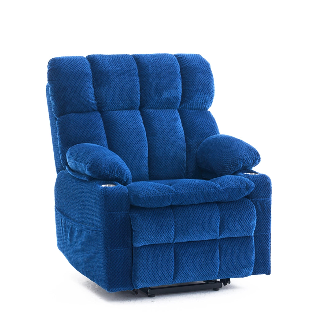 Poltrona relax elettrica con aiuto al sollevamento, massaggio, riscaldamento, portabicchiere, in flanella, Blu
