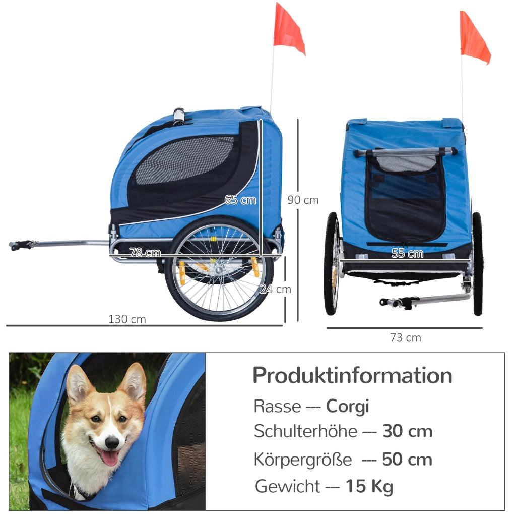 Rimorchio per bicicletta per cani blu 130x73x90 cm