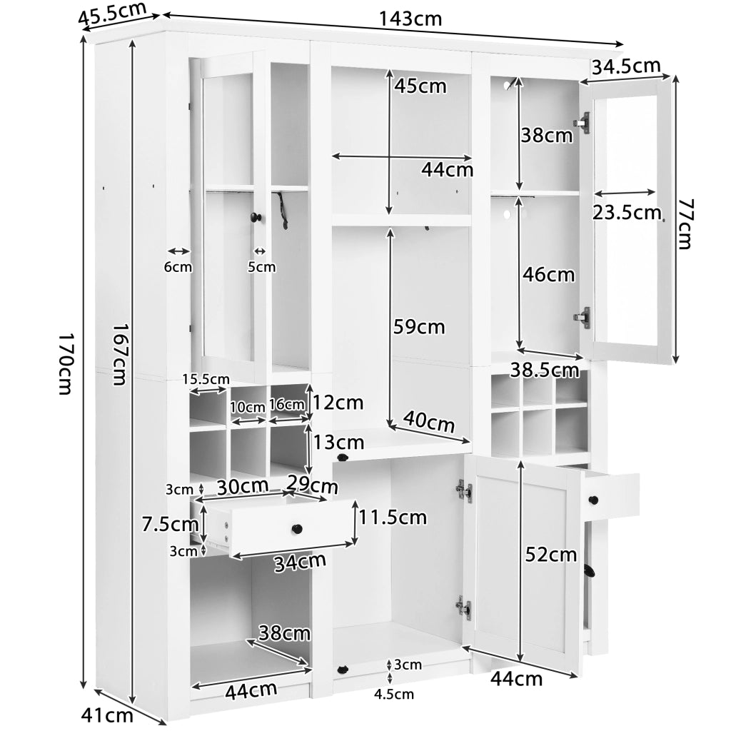 VETRINA 143x45,5x170 cm MDF Bianco con LED 16 colori e porte in acrilico