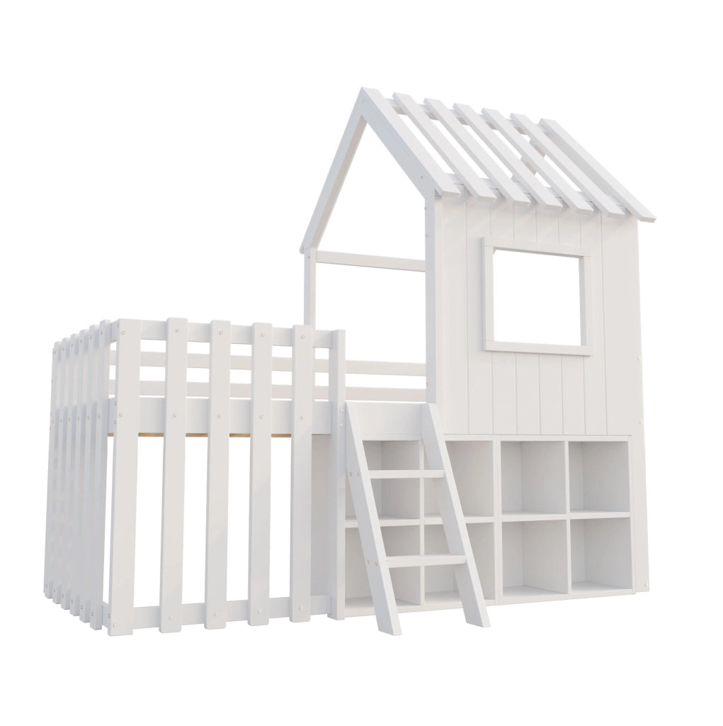 Letto a soppalco per bambini 90x200 cm con tetto e contenitori; bianco