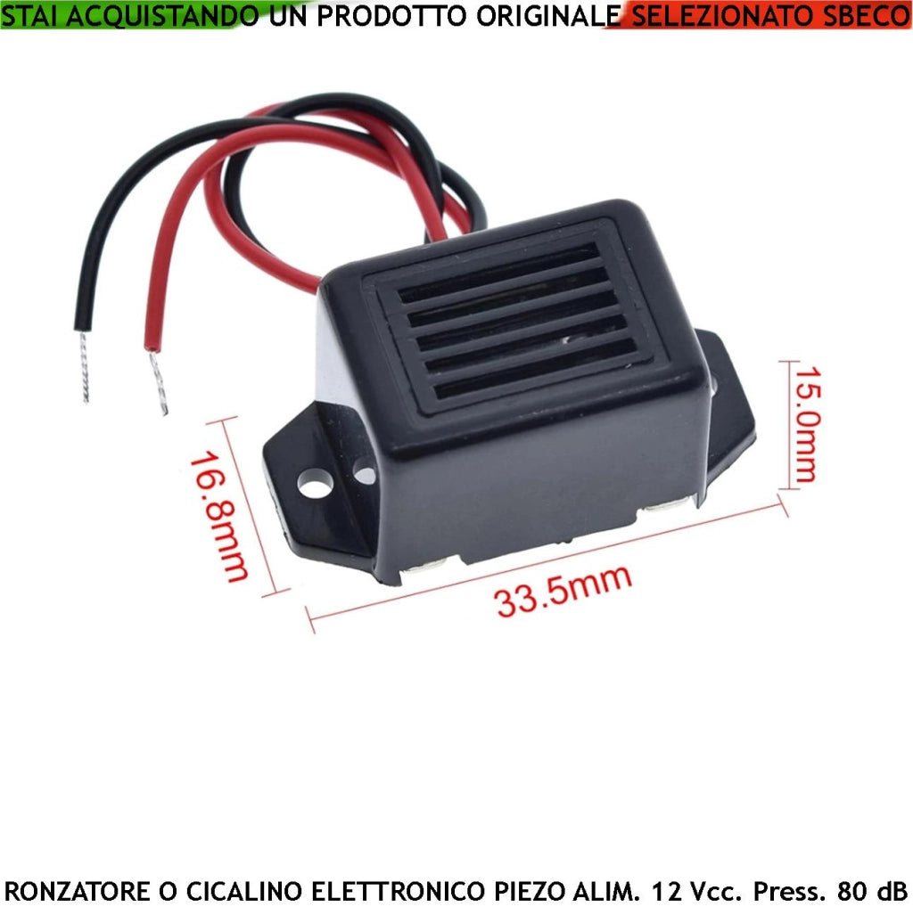 Cicalino Piezoelettrico Alimentazione 12 Vcc Assorbimento 35 mA 75 dB 1 ad un Metro Frequenza 400±100 Hz Mononota Beep Segnala Anomalia Avviso di Intervento Cambio di Stato Attivazione Contenitore ABS