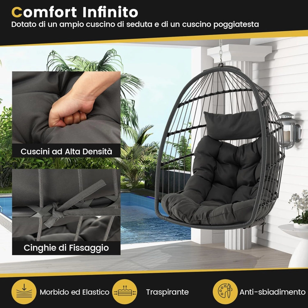 Set Sedia a Uovo Sospesa, Sedia Amaca con Cuscino, Set Altalena in Vimini da Interno/Esterno, Altalena da Giardino con Supporto in Metallo, Portata 150 kg