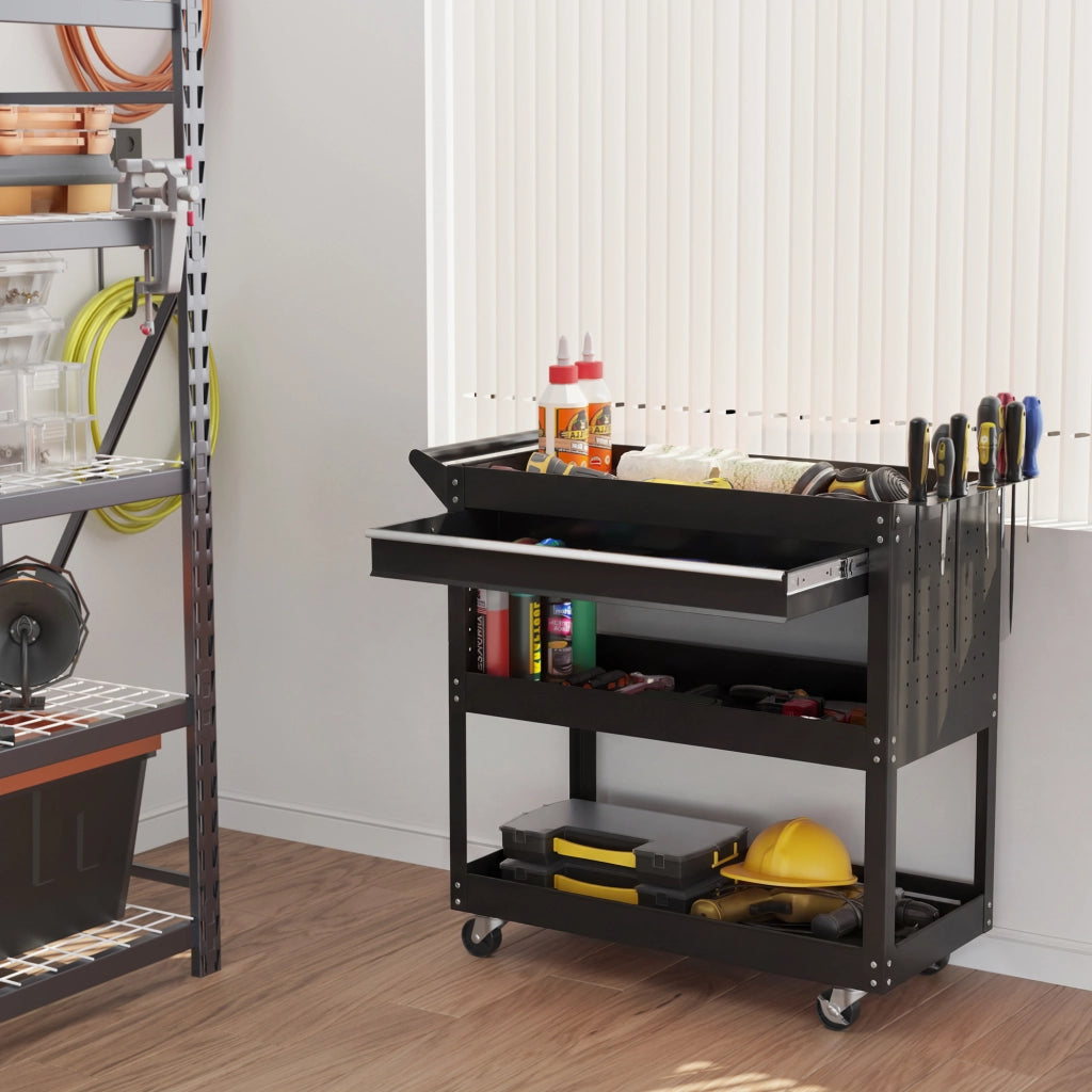 Carrello da lavoro a 3 livelli con cassetto e porta attrezzi ¨C zephmum ¨C nero 82x35x76 cm