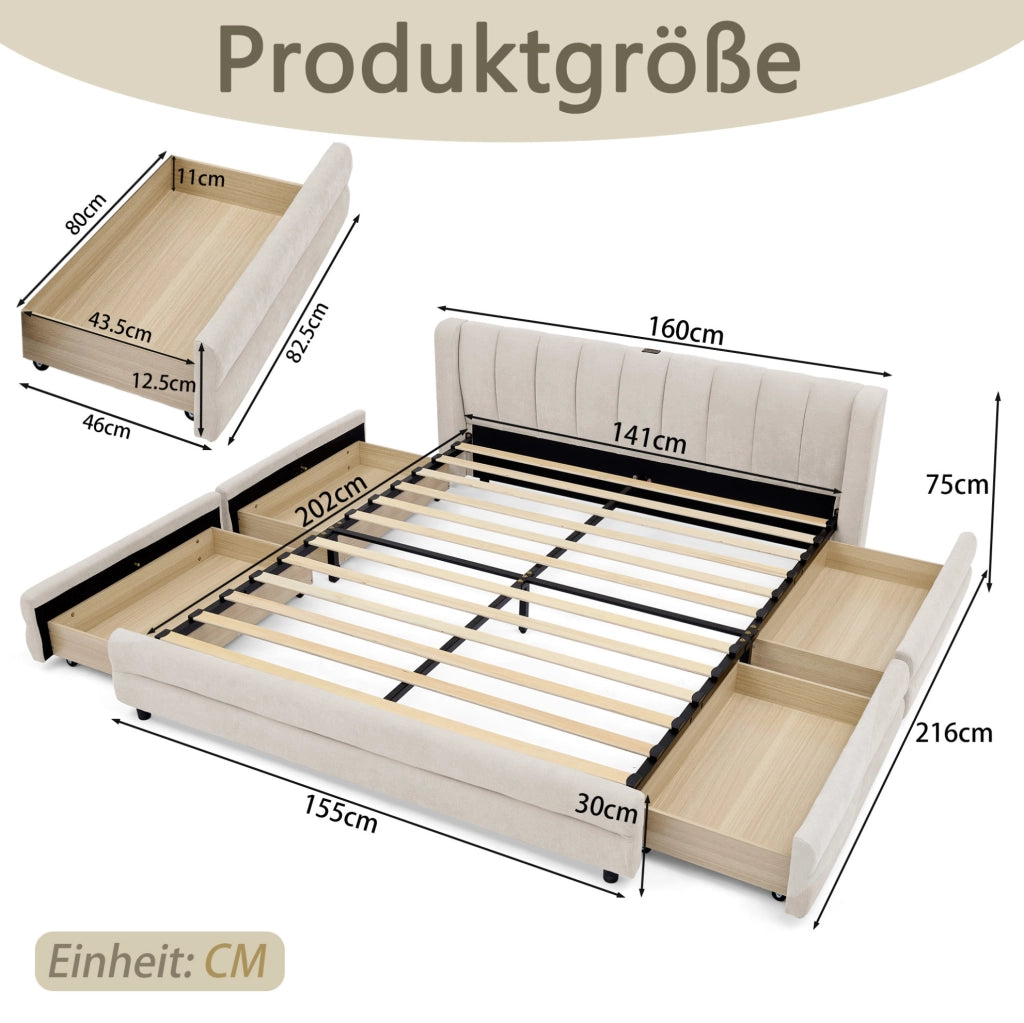 Letto matrimoniale 140x200 cm con 4 cassetti laterali; porte USB e USB-C; chenille beige