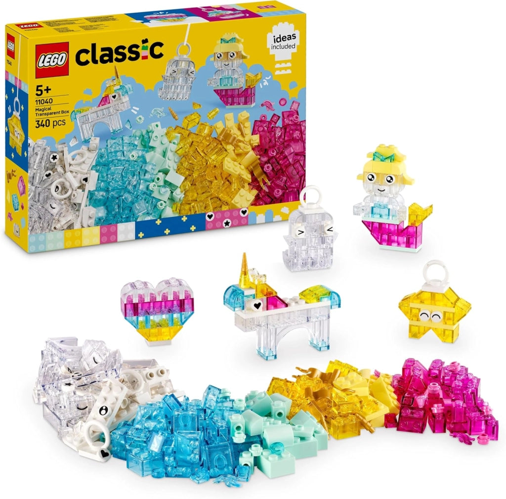 LEGO Classic Scatola Magica Trasparente - Mattoncini Colorati e Clip Portachiavi - Crea Unicorni Giocattolo, Draghi, Ucc